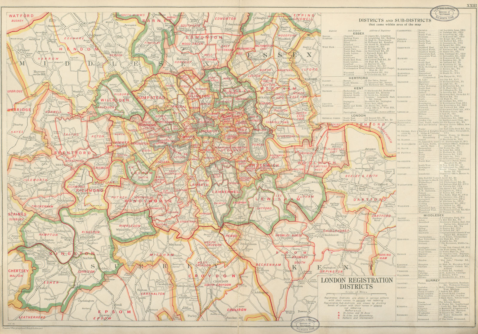 LONDON REGISTRATION DISTRICTS & SUB-DISTRICTS. Vintage map. BACON 1934 old